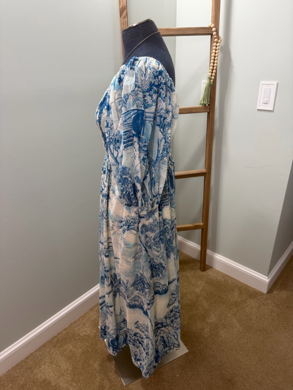 Mestiza Blue White Palm Toile New York Delphine Puff Sleeve Dress Size Large - Picture 6 of 11